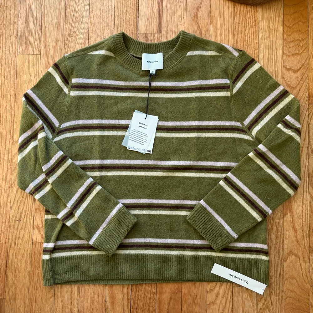 Reformation cashmere boyfriend sweater pear multi stripe size XS brand new